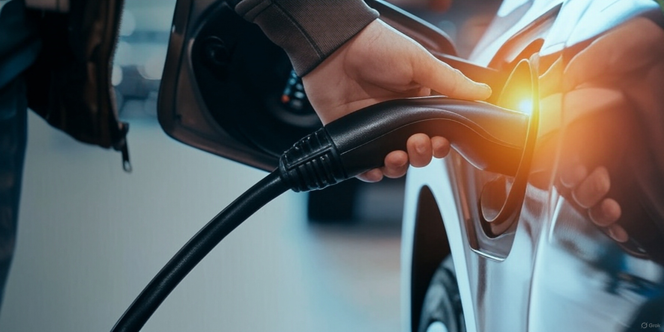 man holding EV charger with light coming from charger