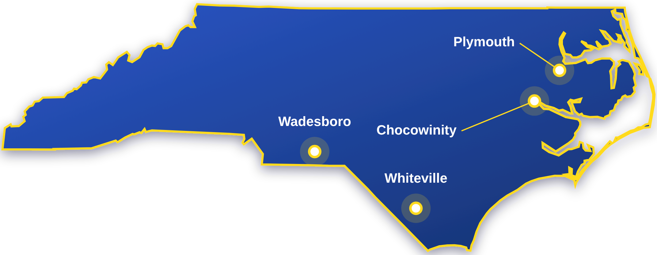 Map of North Carolina showing new PowerUp America NEVI fast charging locations in Chocowinity, Plymouth, Wadesboro, and Whiteville